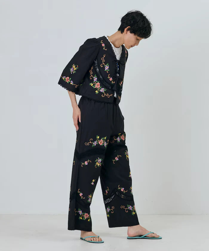 India Flower Cross Embroidery Lace Pants