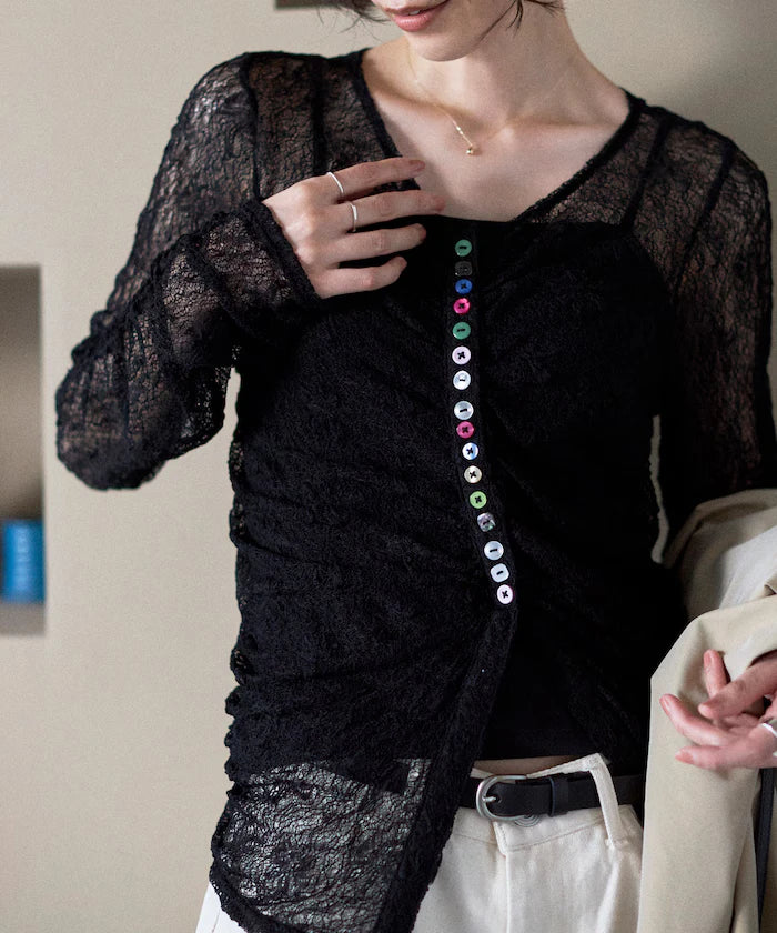 Many Button Lace Shirring Cardigan