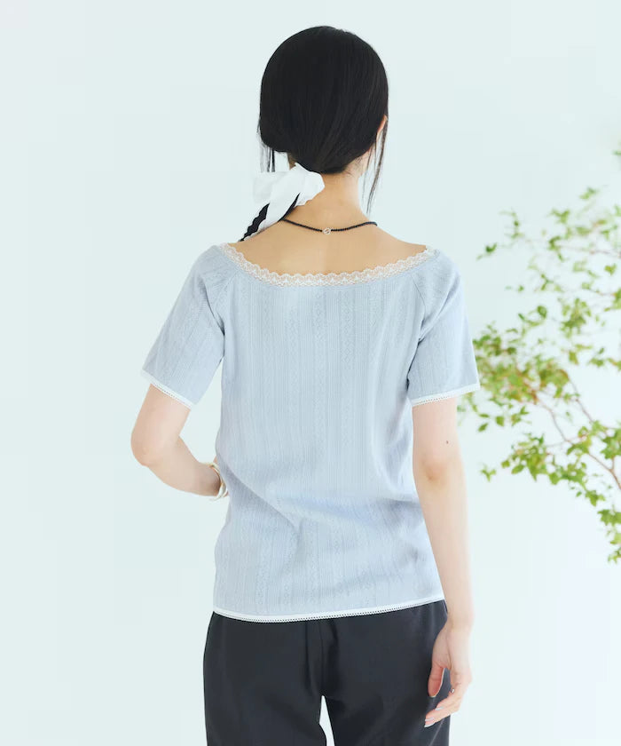 Boat Neck Pullover Knit Lace T-Shirt