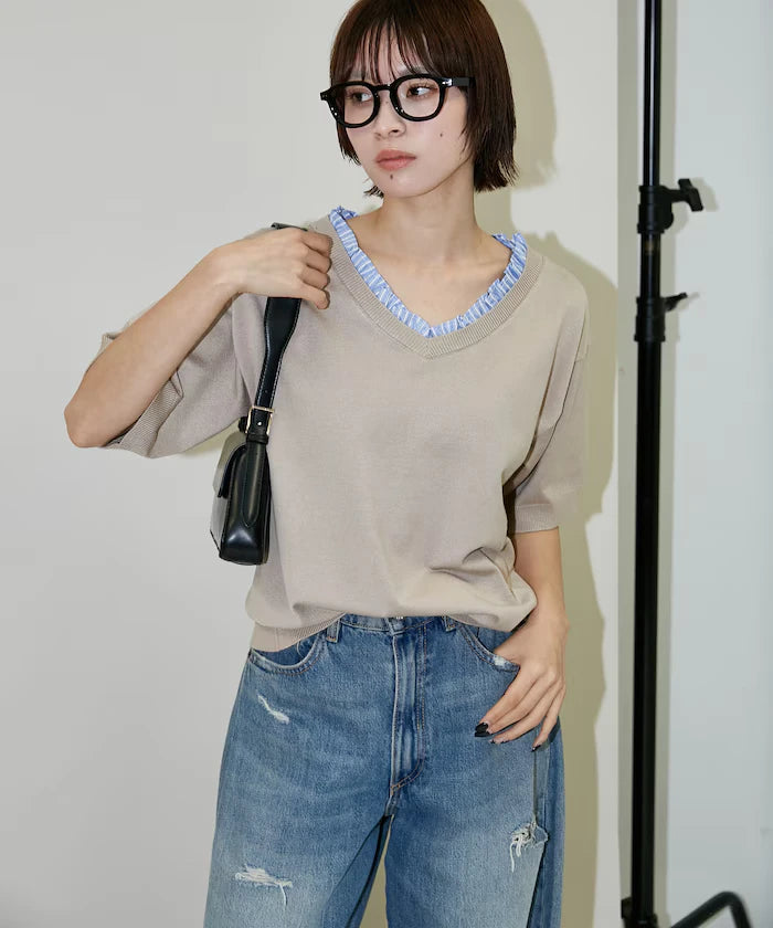 Shirt Frill V-Neck Half Sleeve Summer Knit Limited Edition