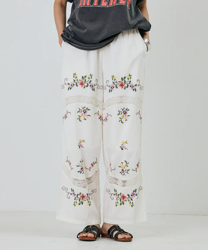 India Flower Cross Embroidery Lace Pants