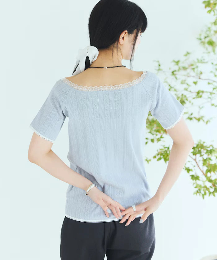 Boat Neck Pullover Knit Lace T-Shirt