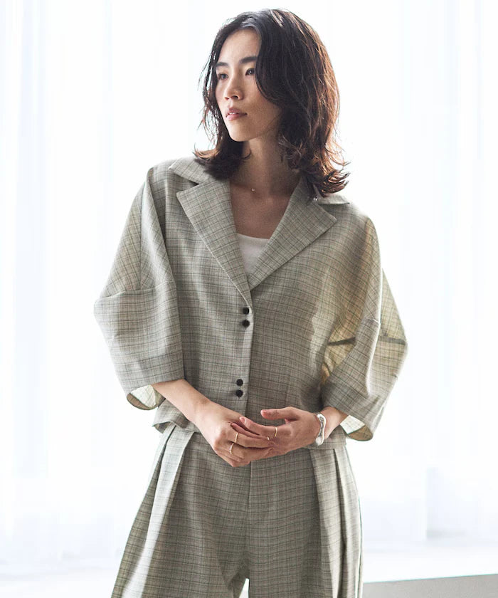 Collar Check Balloon Sleeve Shirt / Compatible with Setup