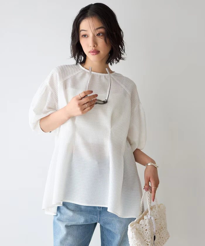 Sheer Check Balloon Sleeve Blouse