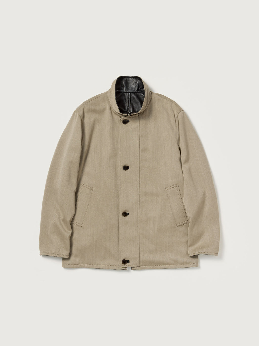 REVERSIBLE WOOL TWISTED TWILL / SHEEP LEATHER HALF COAT