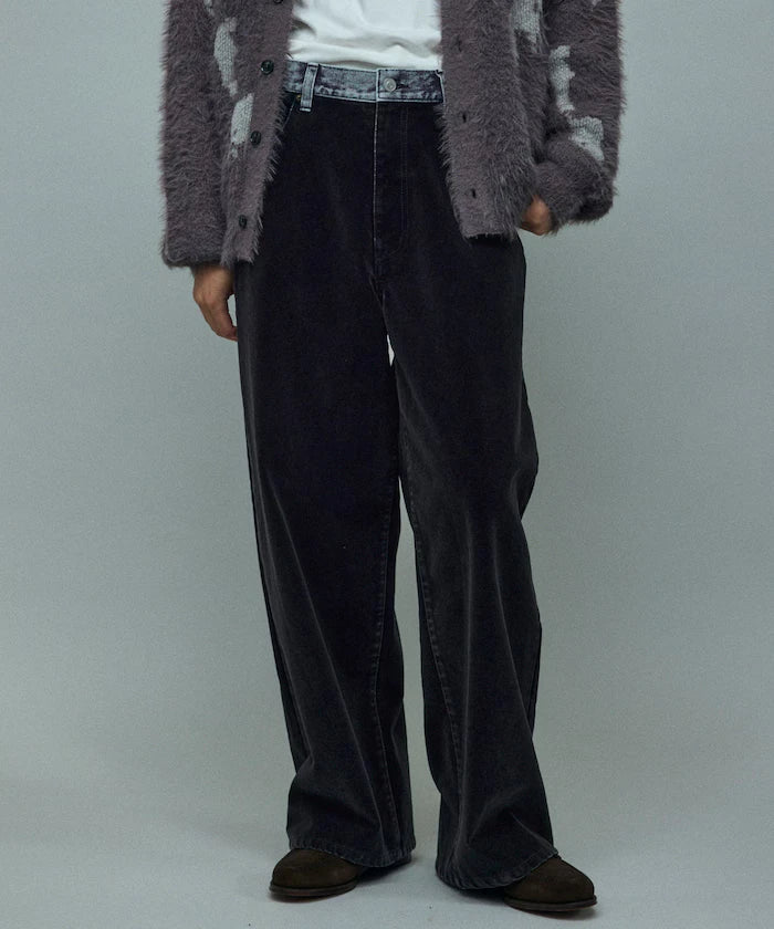 Flocked Denim Contrast Wide Straight Pants