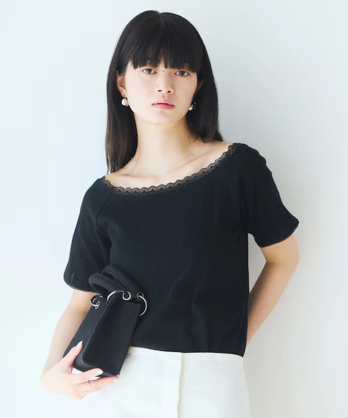Boat Neck Pullover Knit Lace T-Shirt