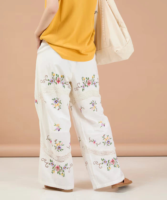 India Flower Cross Embroidery Lace Pants