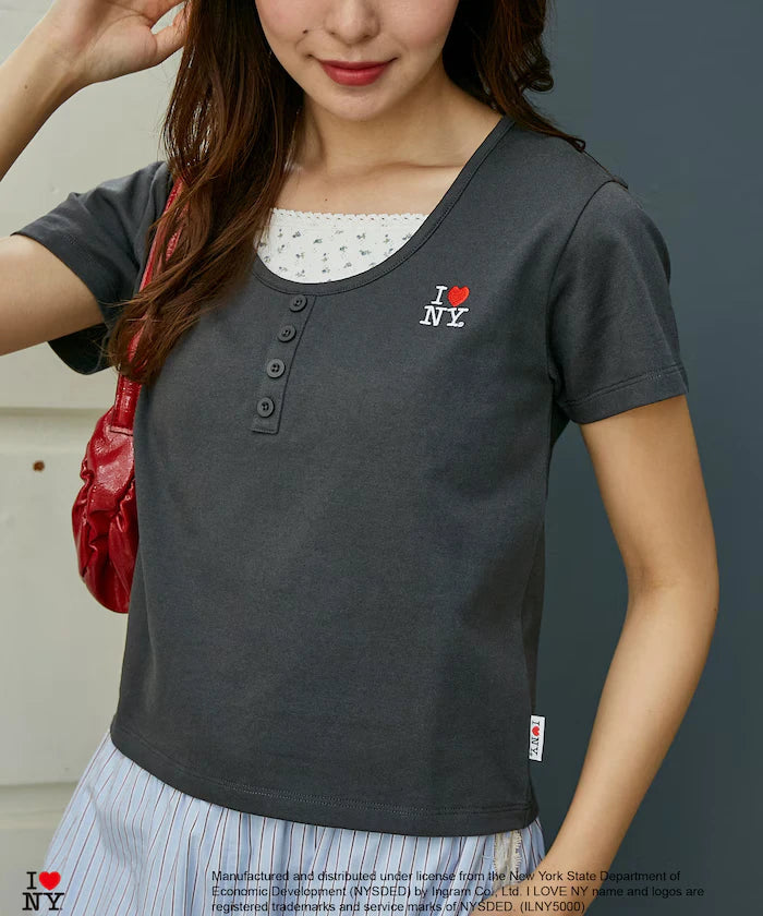 I LOVE NY Floral Pattern Layered Style Henley Neck T-Shirt Limited Edition