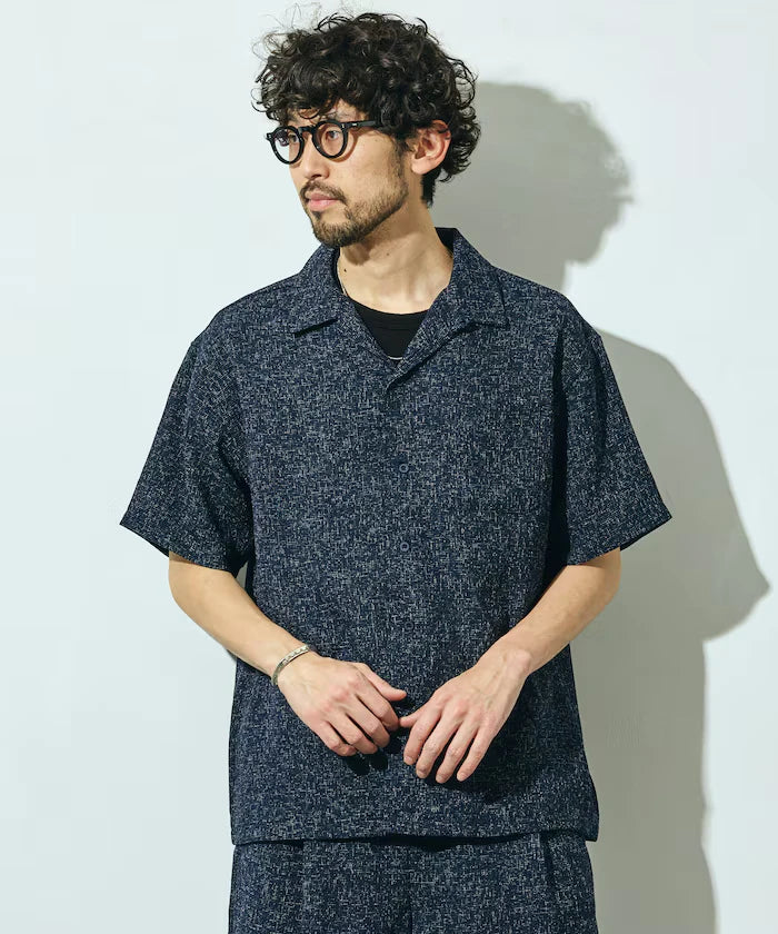 Dry Touch Summer Tweed Short Sleeve Open Collar Shirt