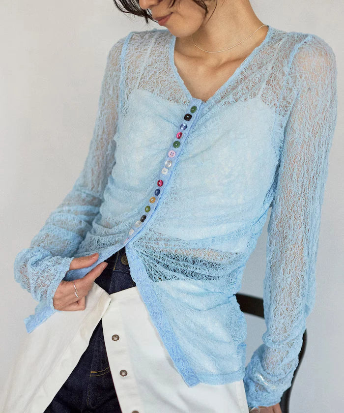Many Button Lace Shirring Cardigan