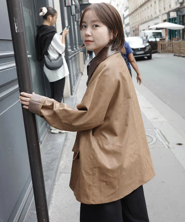 Oversized leatherette blouson / Mixed material switching