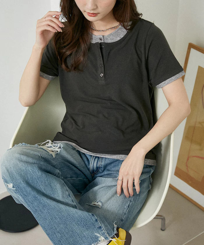 Layered-style Henley Neck T-shirt Limited Edition
