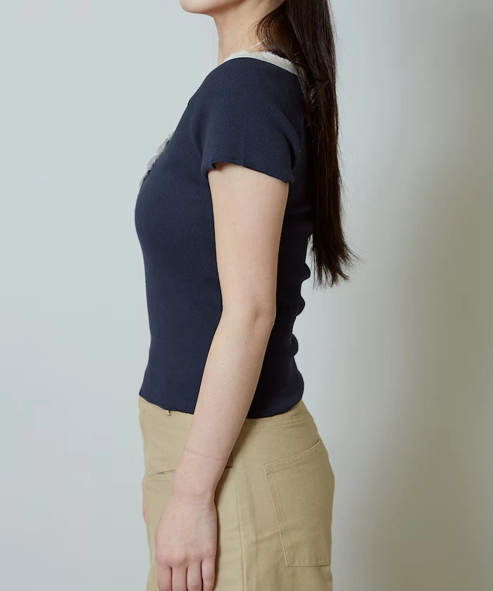 Collar Lace Contrast Henry Rib T-Shirt