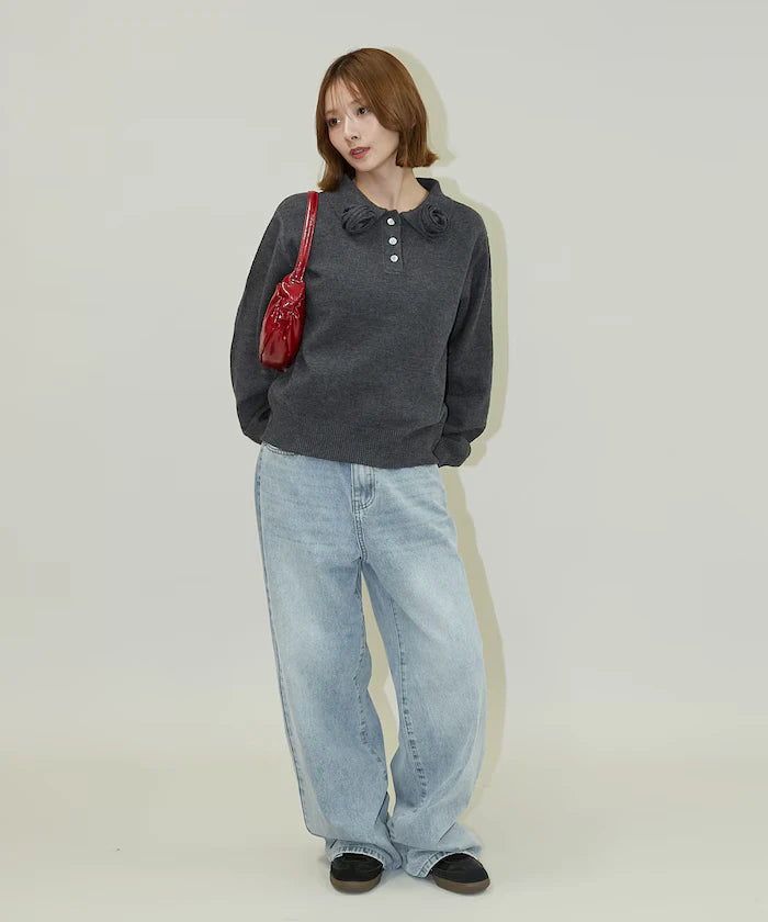 Polo knit pullover with flower motif - limited edition