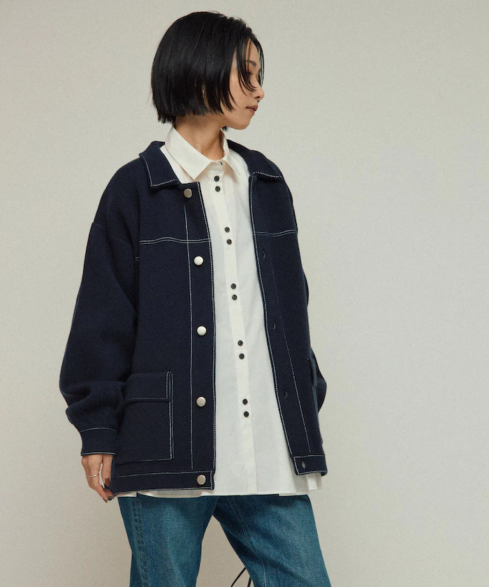 Oversized Wool Blend Knit Coverall / Color Stitch Knit Jacket