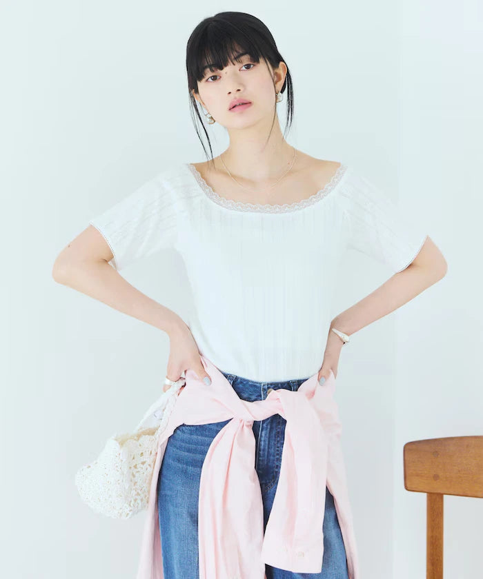 Boat Neck Pullover Knit Lace T-Shirt
