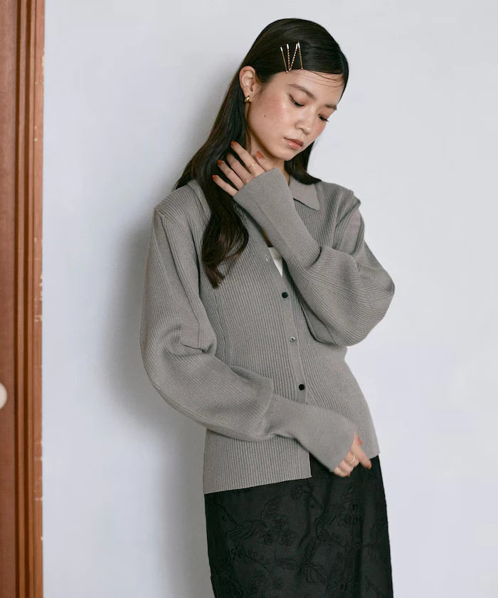 Functional material silk blend knit polo volume sleeve knit cardigan / anti-pill / machine washable