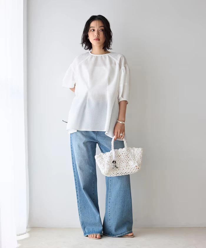 Sheer Check Balloon Sleeve Blouse