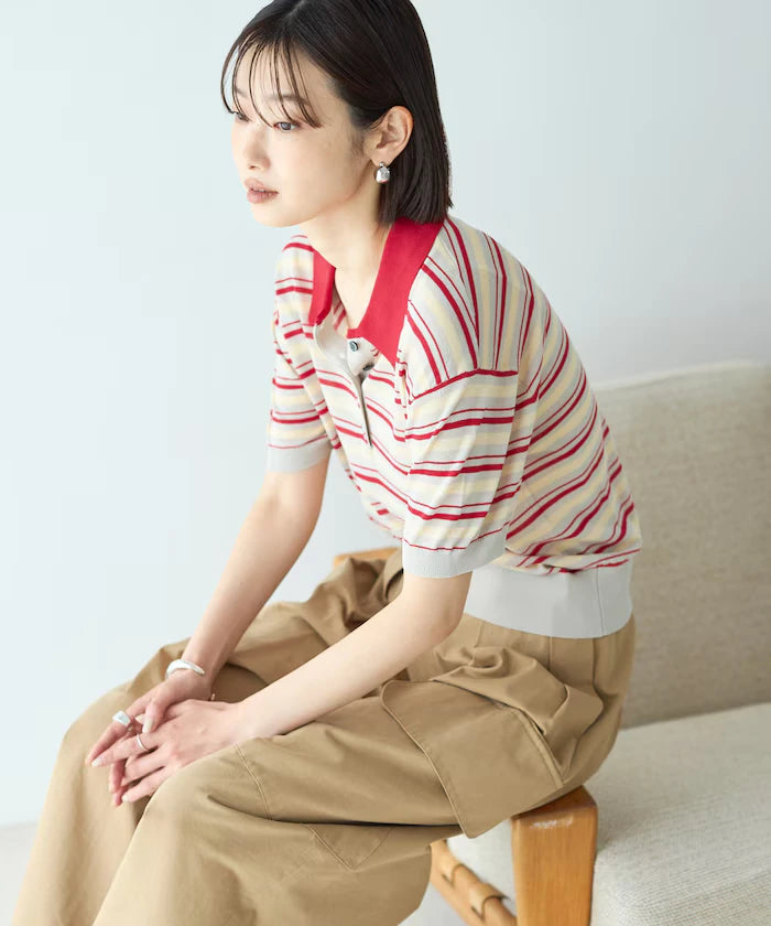 Relaxed Fit Color Design Polo Knit / Bicolor / Multi Stripe