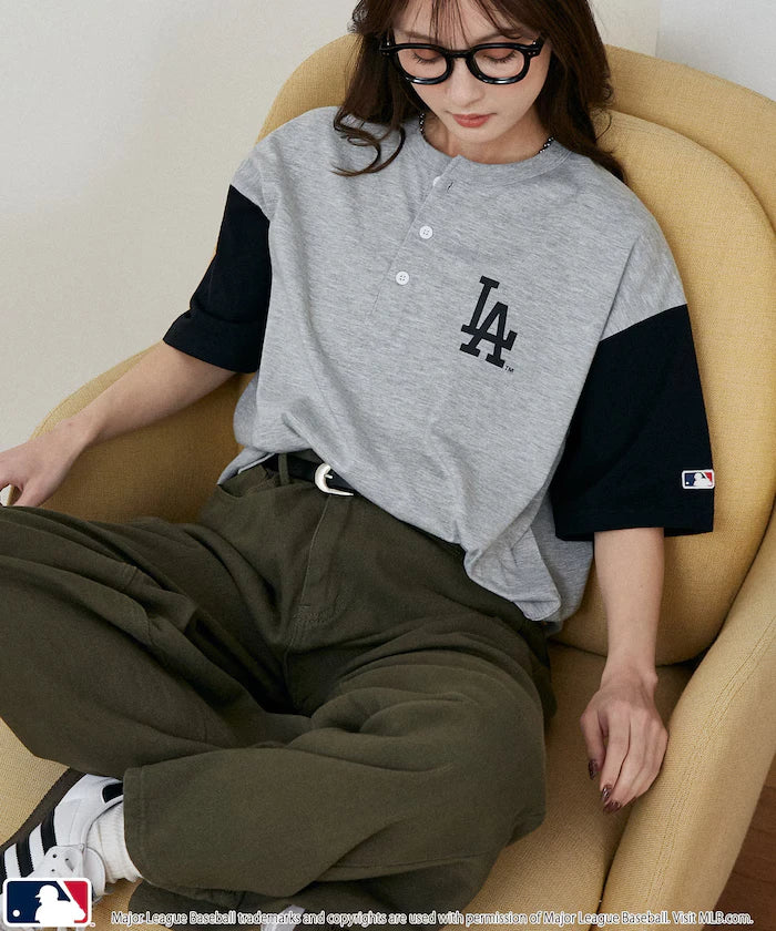 Limited Edition MLB Logo Print Henley Neck Oversized T-Shirt