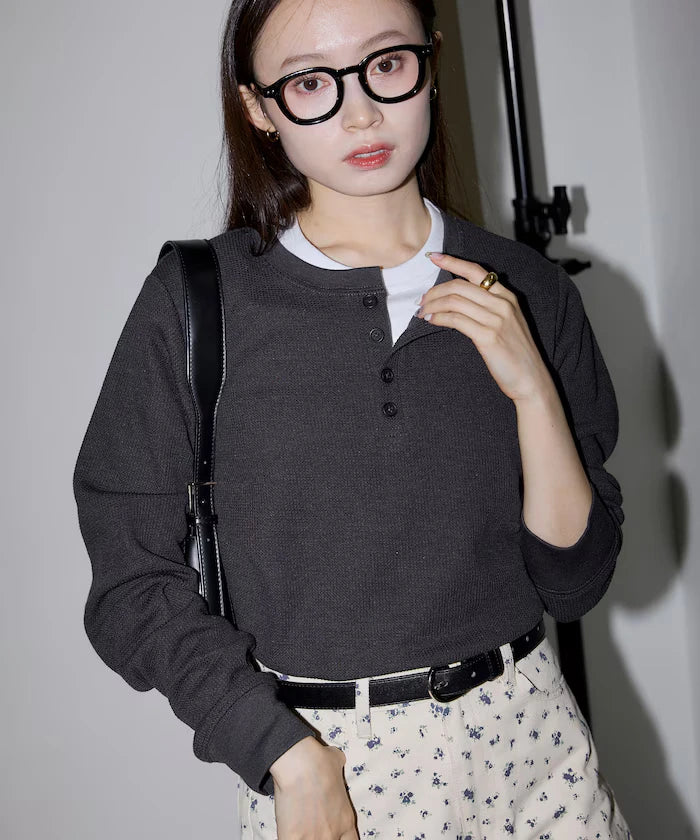 Mini Waffle Henley Neck Cropped Long Sleeve T Limited Edition