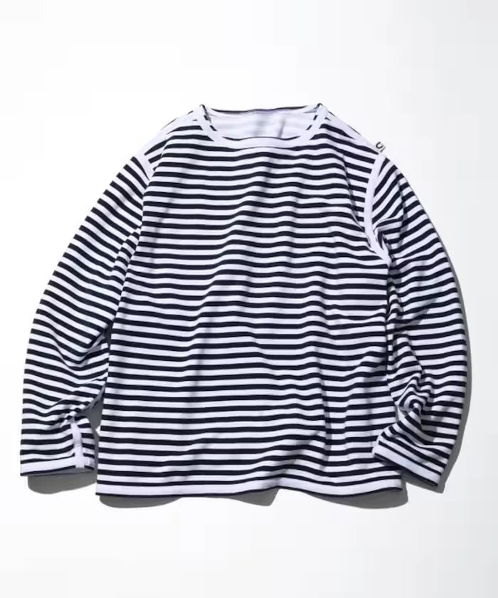 Boat Neck Horizontal Stripe french terry Long Sleeve Tee