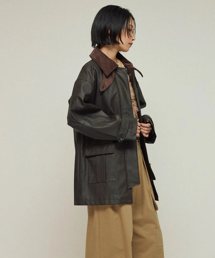 Oversized Crush Leatherette Jacket / Collar Corduroy