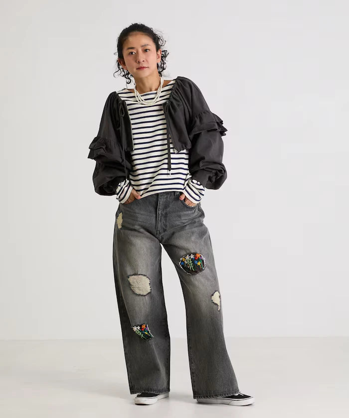 Flower Embroidery Wide Denim