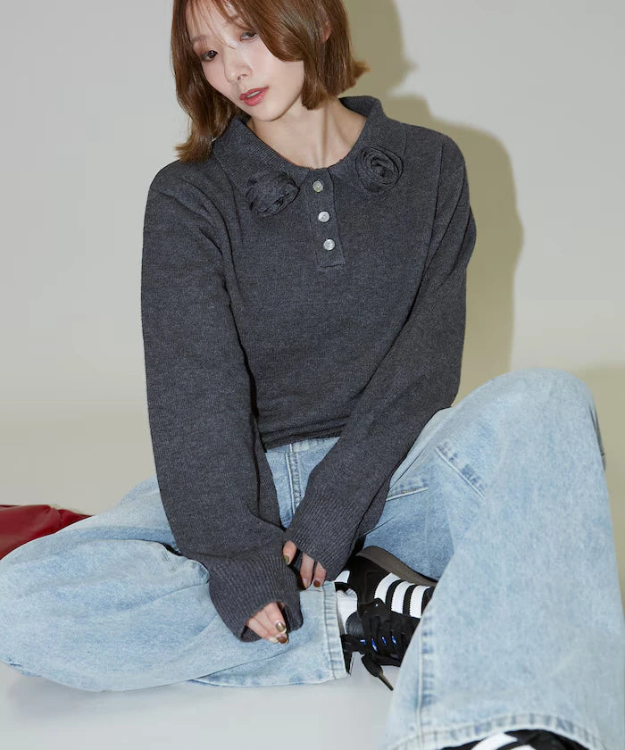 Polo knit pullover with flower motif - limited edition