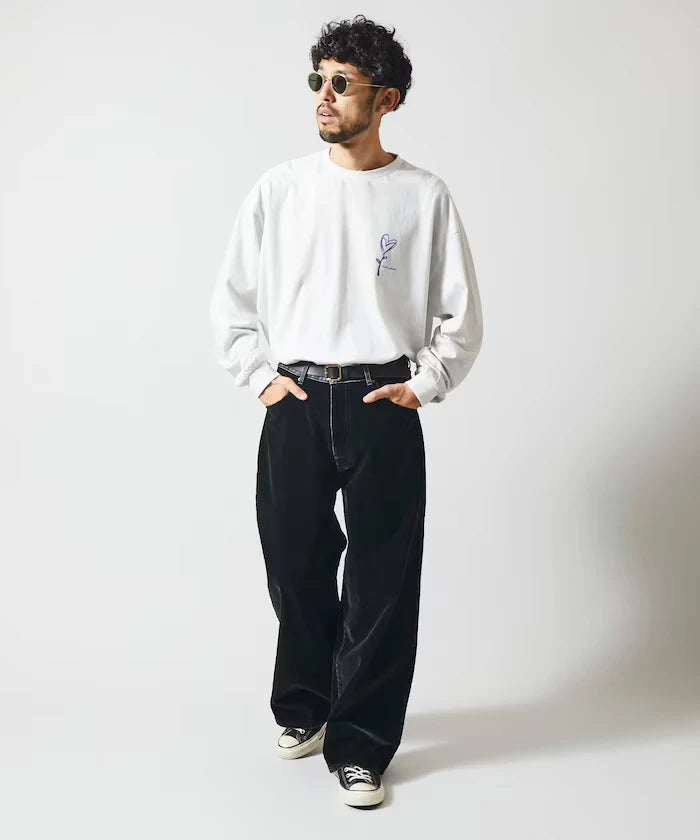 Flocked Denim Contrast Wide Straight Pants