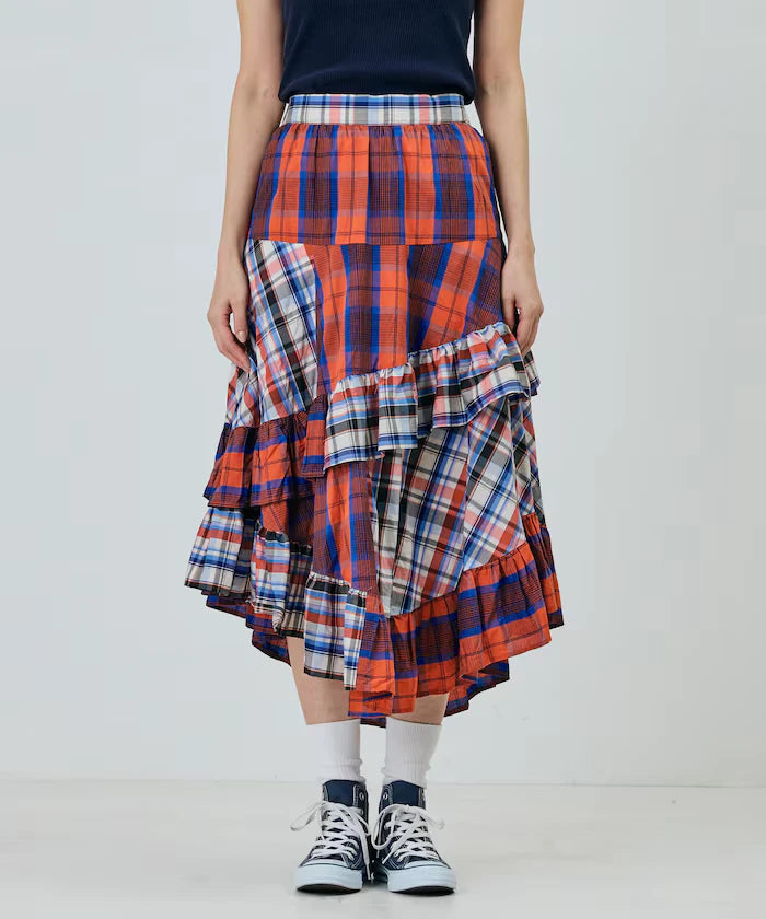 Check x Check Asymmetrical Frill Skirt