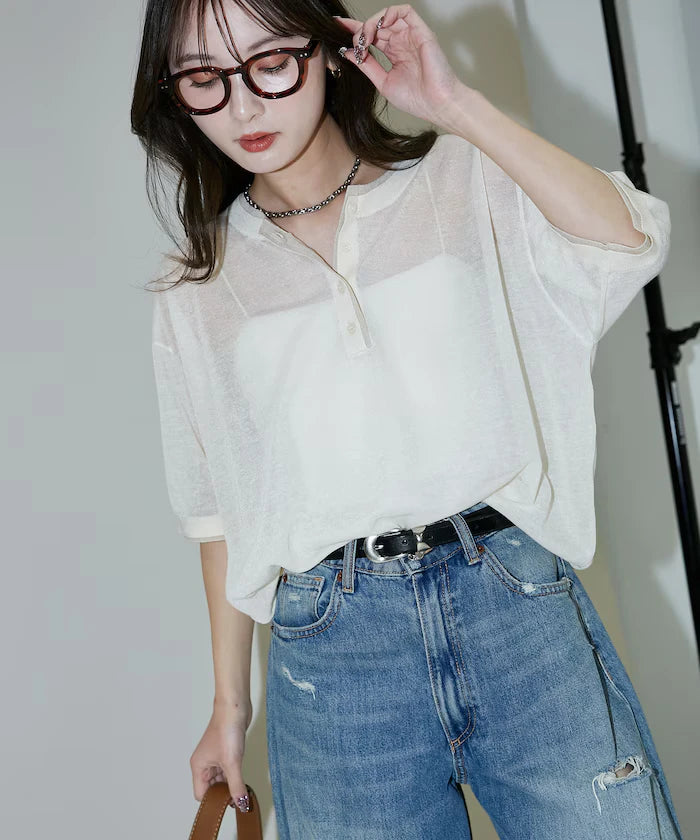 Washable linen color block henley neck knit top limited release