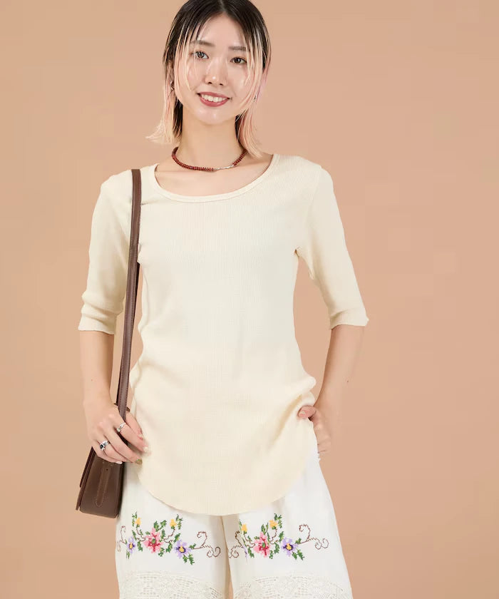 Ribbon Tied 2WAY Waffle 5 Sleeve T-Shirt