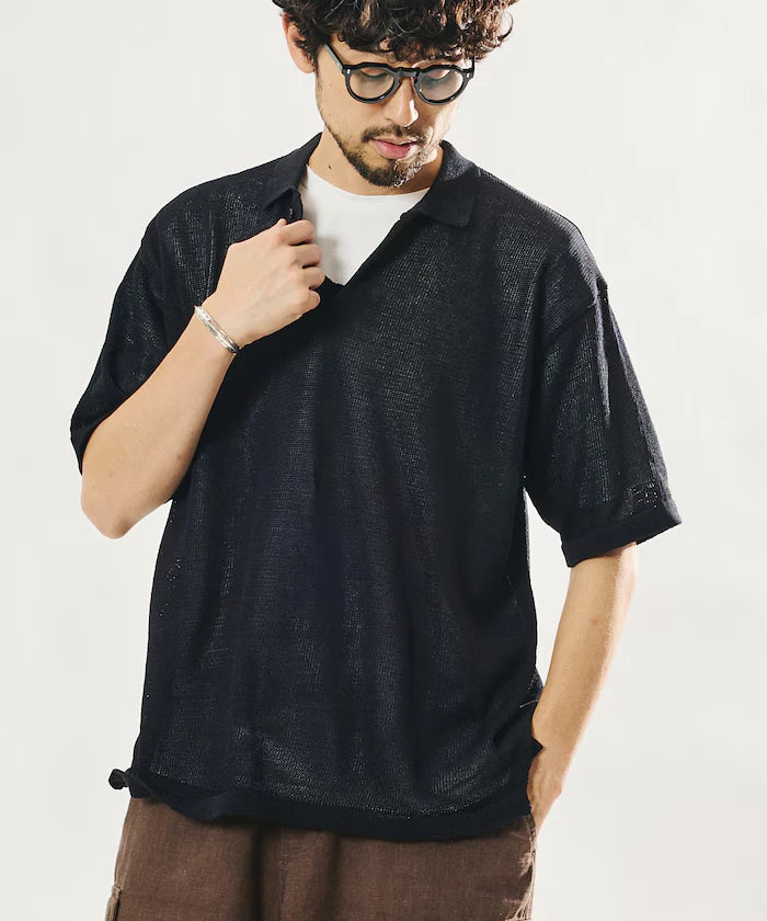 Sheer Knit Polo Shirt & Cotton T-Shirt Layered Set