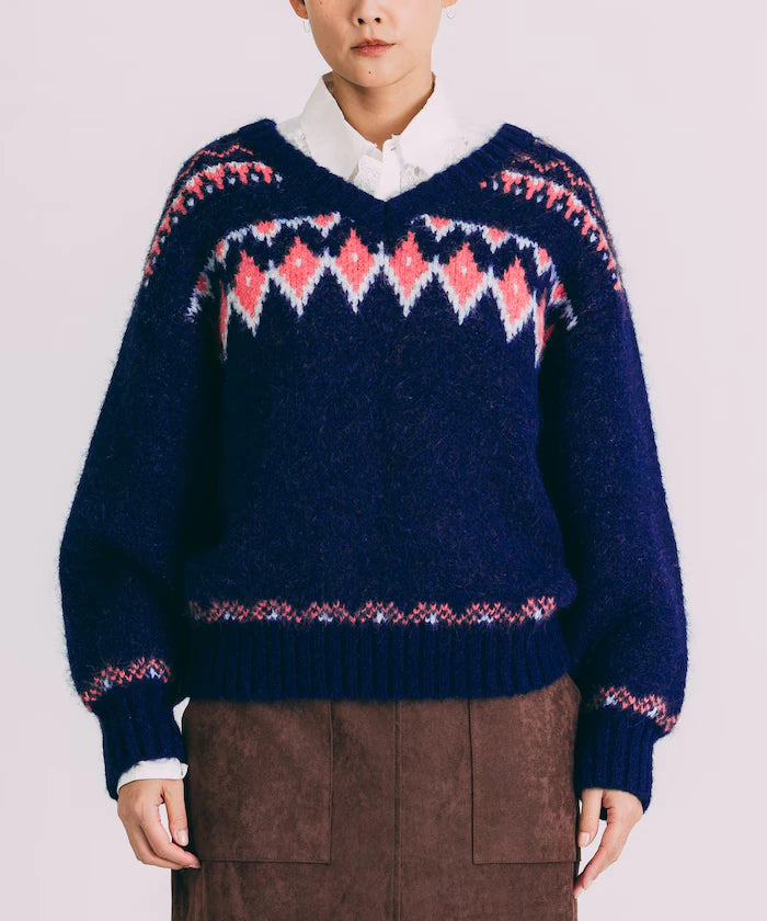 V-neck color block Nordic pattern knit