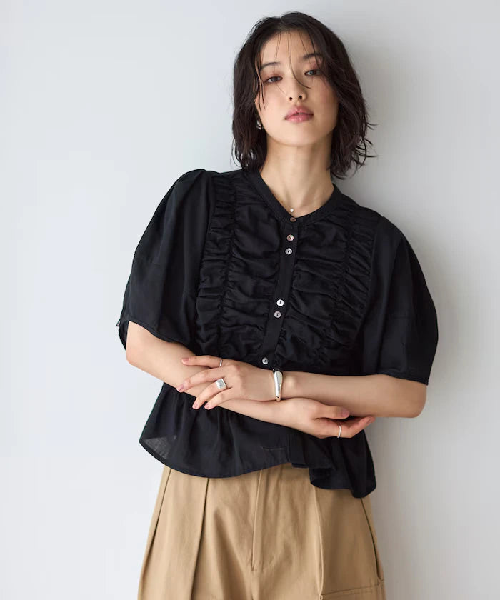 Sheer Shirring Volume Sleeve Blouse / 5 Short Sleeves