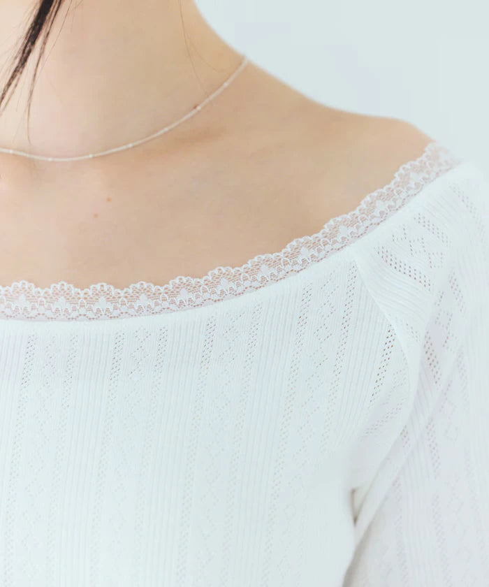 Boat Neck Pullover Knit Lace T-Shirt