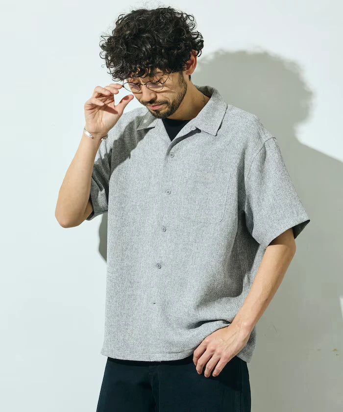 Dry Touch Summer Tweed Short Sleeve Open Collar Shirt