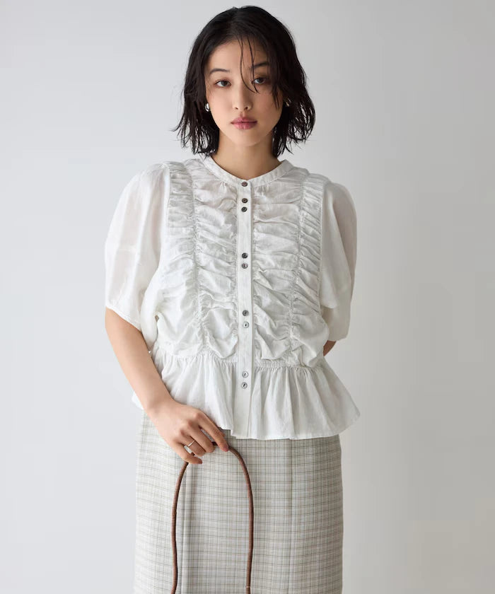 Sheer Shirring Volume Sleeve Blouse / 5 Short Sleeves