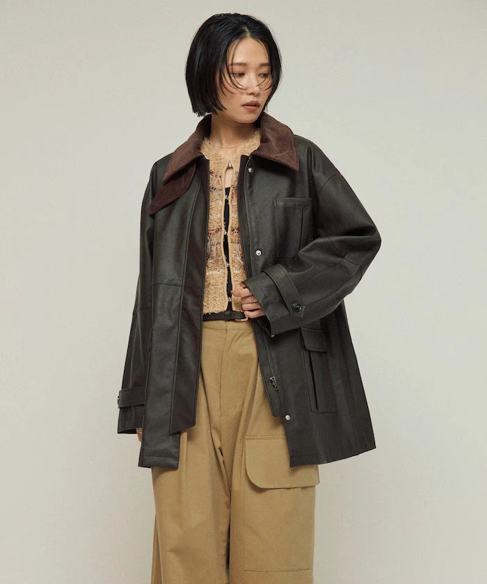 Oversized Crush Leatherette Jacket / Collar Corduroy