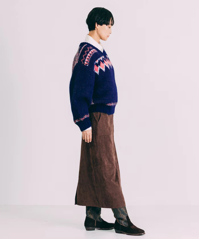 V-neck color block Nordic pattern knit