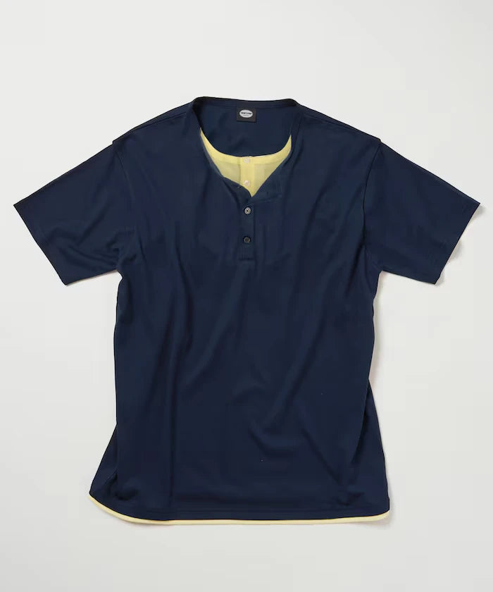 Fake Layered Henry Neck Cut-and-sew Short Sleeve T-shirt [Limited Edition]