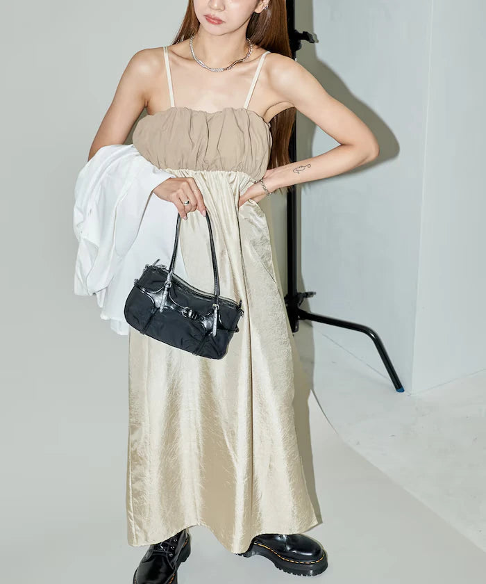 Mixed Material Shirring Satin Dress Limited Release