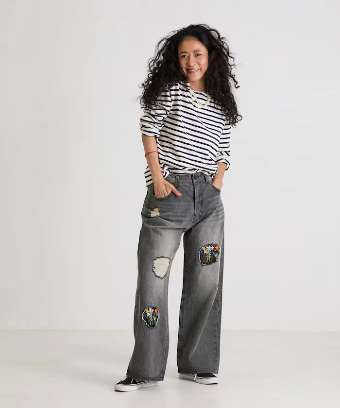 Flower Embroidery Wide Denim