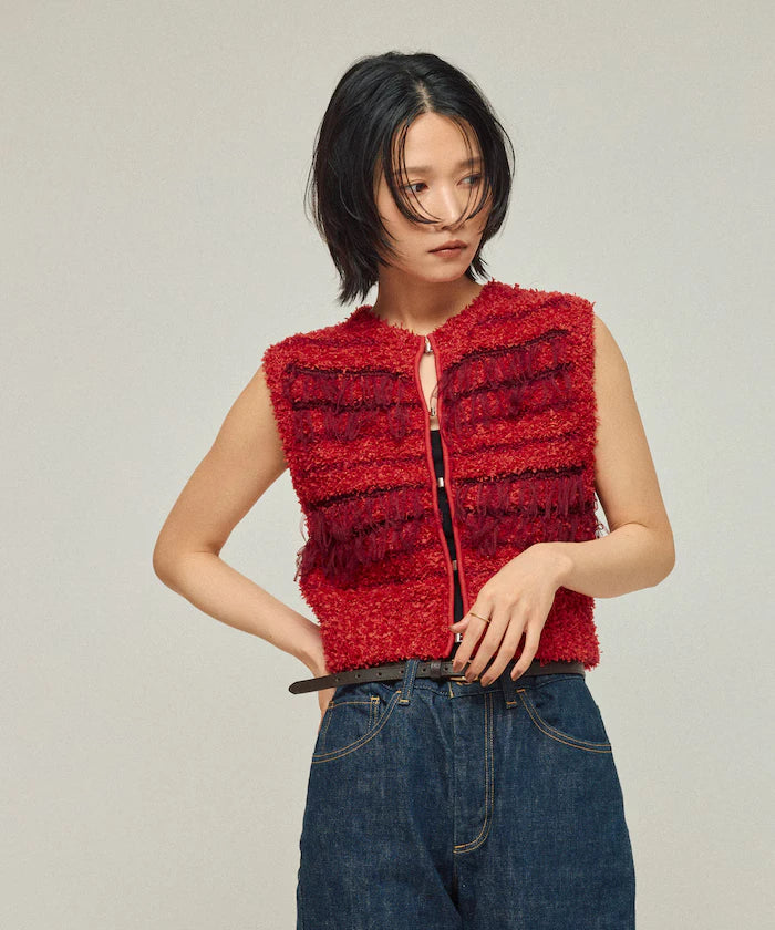 Mixed Material Fringe Knit Vest / Striped Knit Gilet