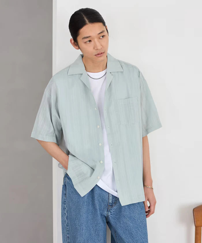 Jacquard Relaxed Fit Open Collar Short Sleeve Shirt Semi-Sheer Dobby Weave