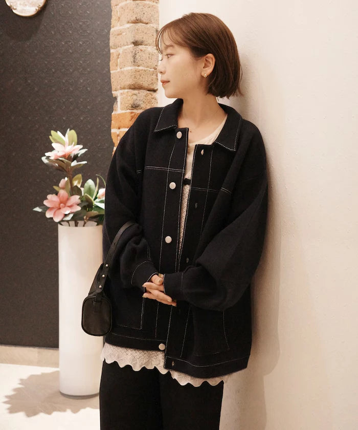 Oversized Wool Blend Knit Coverall / Color Stitch Knit Jacket
