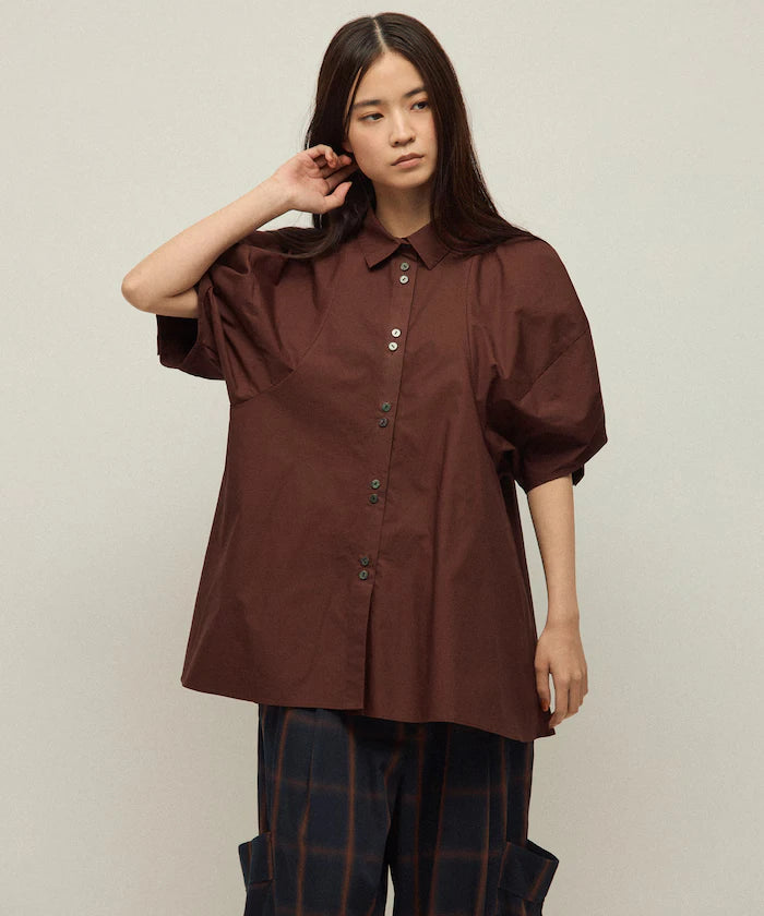 Switching Design Balloon Sleeve Shirt / 5-Minute Sleeve Blouse