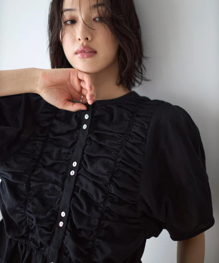 Sheer Shirring Volume Sleeve Blouse / 5 Short Sleeves